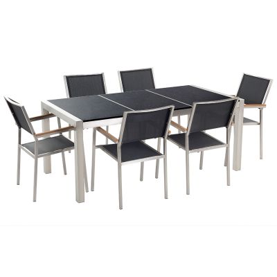 6 Seater Garden Dining Set Black Granite Top with Black Chairs GROSSETO