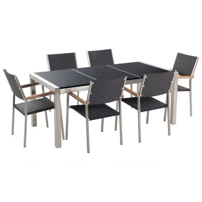 6 Seater Garden Dining Set Black Granite Triple Plate Top with Black Rattan Chairs GROSSETO
