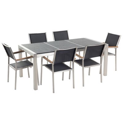 6 Seater Garden Dining Set Black Granite Top Synthetic Chairs GROSSETO