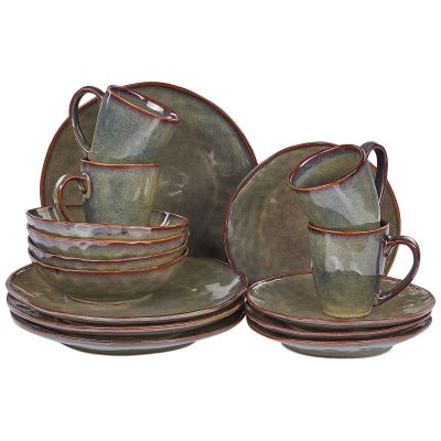 Set of 16 Stoneware Dinnerware Dark Green THYME