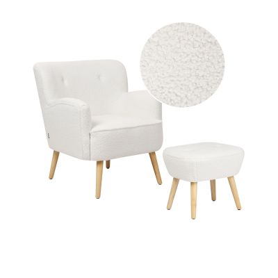 Boucle Armchair With Footrest White TUMBA