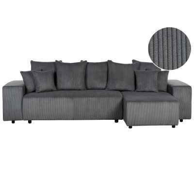 Left Hand Jumbo Cord Corner Sofa Bed with Storage Dark Grey LUSPA