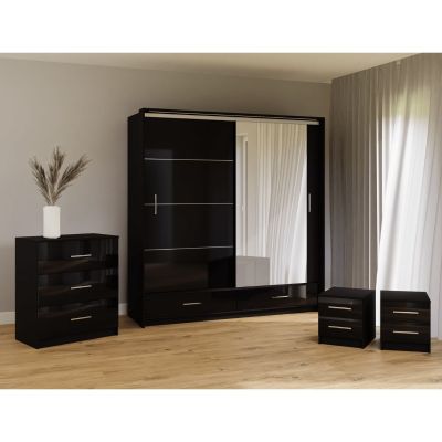 Wardrobe Set - WARRINGTON 2 Door Bedroom Set 4 Piece Black 208cm