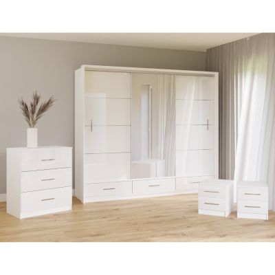 Wardrobe Set - WARRINGTON 3 Door Bedroom Set 4 Piece White 250cm