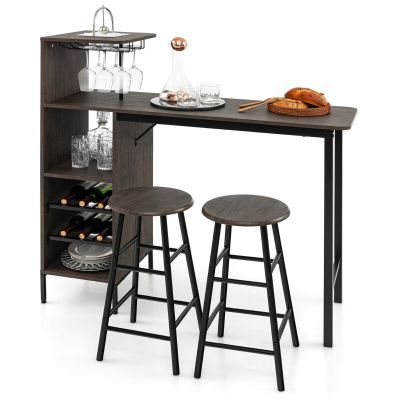 Industrial Style 3PCS Bar Table and 2 Stool Set With Wine Rack Glass Holder - Brown