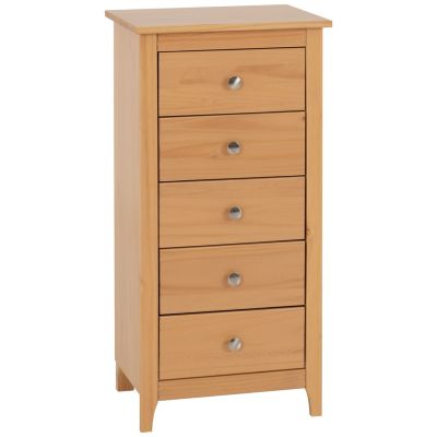 ONTARIO Pine Finish Chest of Drawers - Tallboy, Small-sized, 5 Drawers