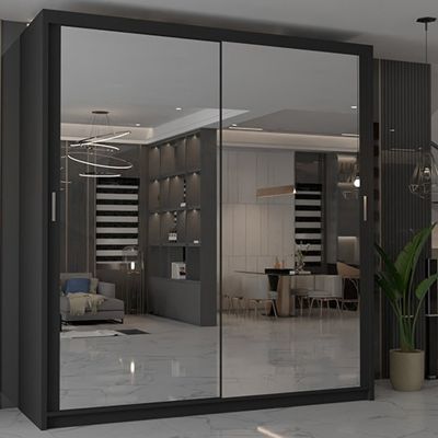 Sliding Wardrobe - CHICAGO II 2 Door Mirrored Wardrobe Black - 90cm