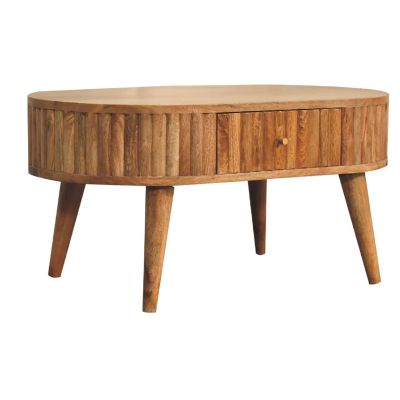 Solid Mango Wood Coffee Table Unit with Stripe Pattern - Oak Finish