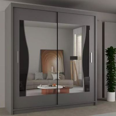 Sliding Wardrobe - HEFFNER 2 Door Mirrored 150cm Wardrobe - Grey