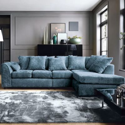 Corner Sofa - HENRY Crushed Chenille Fabric 5 Seater L-Shaped Sofa Right Hand Facing - Dark Blue