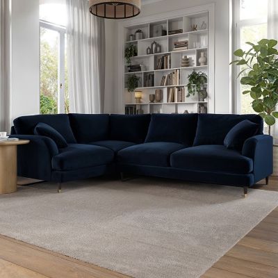 PAYTON Velvet 4 Seater L Shaped Dual Arm Corner Sofa - Navy Blue, Left Hand Facing