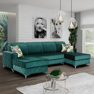 Hamilton Diamond Design Velvet Fabric Large Sofabed with Ottoman Storage - Green