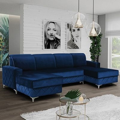 Hamilton Diamond Design Velvet Fabric Large Sofabed with Ottoman Storage - Blue