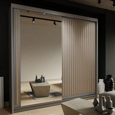 Sliding Wardrobe - ZEUS 2 Door Mirrored Wardrobe Grey 203cm