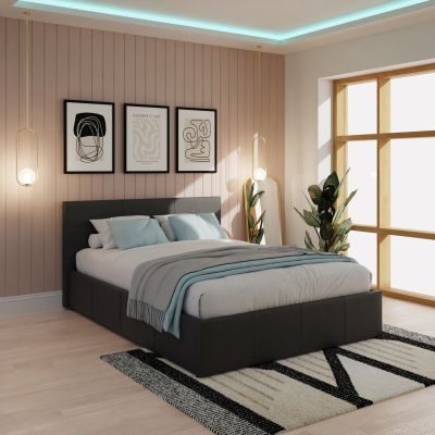 Modern Black Leather Side Lift Ottoman Storage Bed - Small Double 4ft