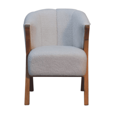 Handwoven Minimalistic Boucle Chair with Wooden Legs - White