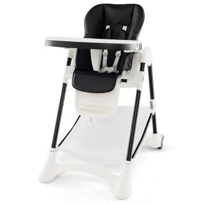 Baby High Chair with Detachable PU Cushion and Lockable Wheels - Black