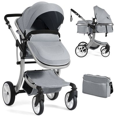 Foldable 2-in-1 Baby Stroller with Rain Cover and Mosquito Net - Grey