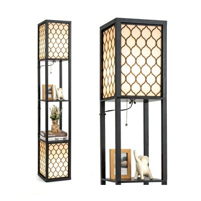 Floor Lamp - Double Floor Lamp with 2 Tier Storage Shelves and Foot Switch