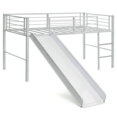Sliding Loft Children Single Bed with Stairs and Safety Guardrails-White
