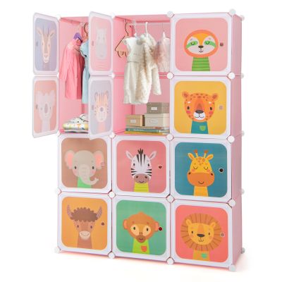 12 Cube Portable Kids Storage Cabinet with Hanging Section - Pink