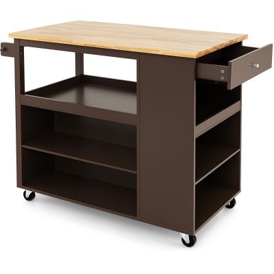 Mobile Serving Trolley Cart with Rubber Wood Top and Drawer - Brown