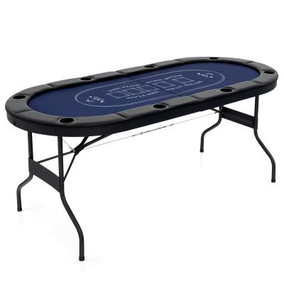 ULSI Foldable Poker Table for 8 Players Portable Oval Card Board with Cup Holders-Blue