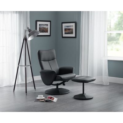 Lugano Recliner Swivel Chair & Stool - Black Faux Leather