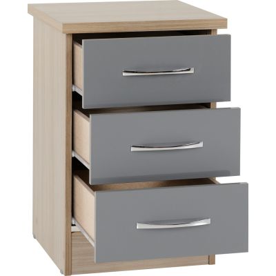 Nevada 3 Drawer Bedside - Grey Gloss Light Oak Effect Veneer