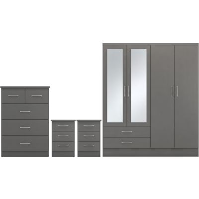 Wardrobe Set - NEWBIGGIN 4 Door Bedroom Set 3D Effect Grey 154cm