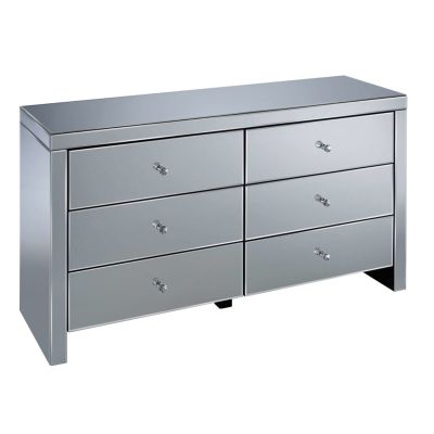 SUTTON Silver Chest of Drawers - Large-sized, 6 Drawers, Double, Mirrored, Ready Assembled
