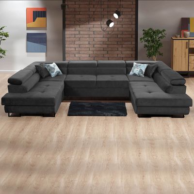 Corner Sofabed - CARDIFF Velvet Fabric 6 Seater U Shaped with Storage Space - Black