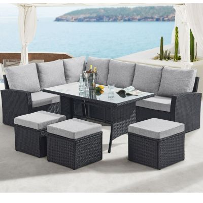 9 Seat Marylin Corner Rattan Dining Sofa Garden Set - Black
