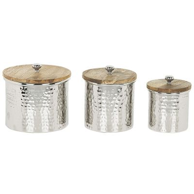 Set of 3 Decorative Containers Silver Aluminium Jars Wooden Lids Storage  
