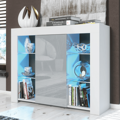Modern Sideboard Display Cabinet and TV Stand with Storage and Free LED Lighting 97.5cm - White and Grey