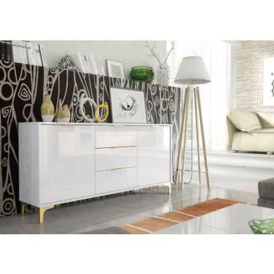Luxury White High Gloss TV Unit Stand Sideboard with Gold Accents Storage 140cm - White