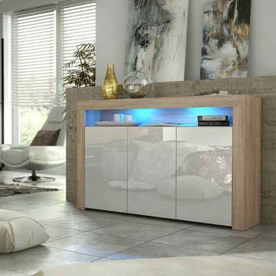 TV Unit Sideboard Cabinet with 3 Doors Storage and Free LED Lighting 155cm - Oak and White