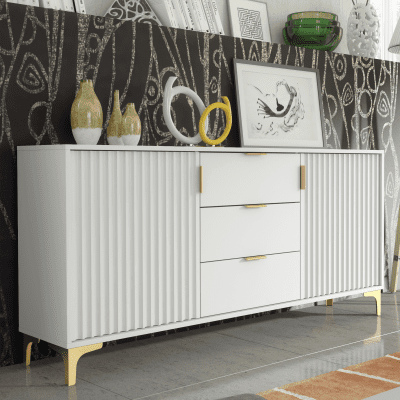 NOVIS Modern Sideboard Cabinet Elegant Fluted Doors And Gold Accents 140cm - White