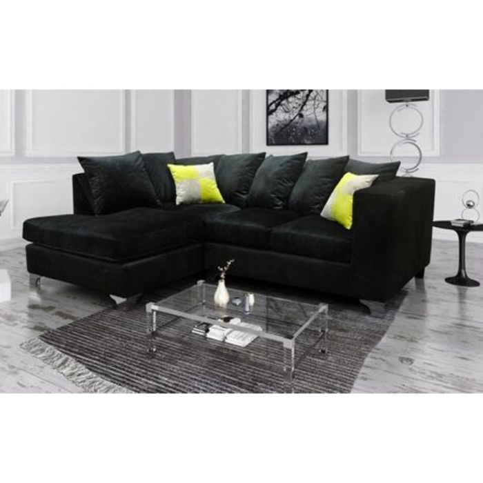Wooden Frame Upholstered Plush Velvet Corner Sofa - Black