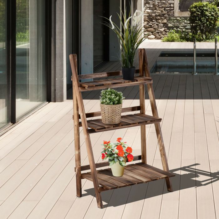 3 Tier Ladder Design Plant Pots With Shelf - Wooden