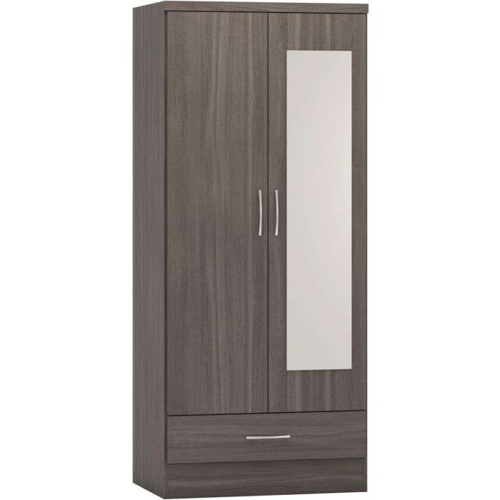 Wardrobe - NEWBIGGIN 2 Door Mirrored Wardrobe Black Wood Grain 78cm