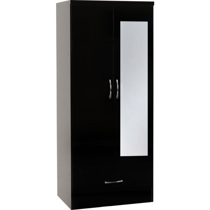 Wardrobe - NEWBIGGIN 2 Door Mirrored Wardrobe Black Gloss 78cm