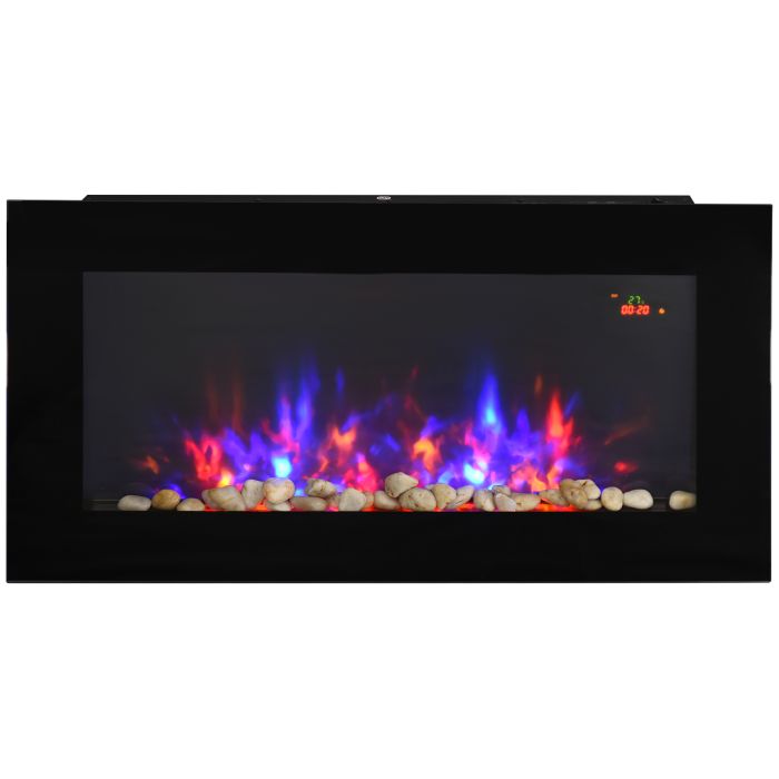 Wall Mounted 2000W Tempered Large LED Flat Glass Electric Fireplace Heater - Black