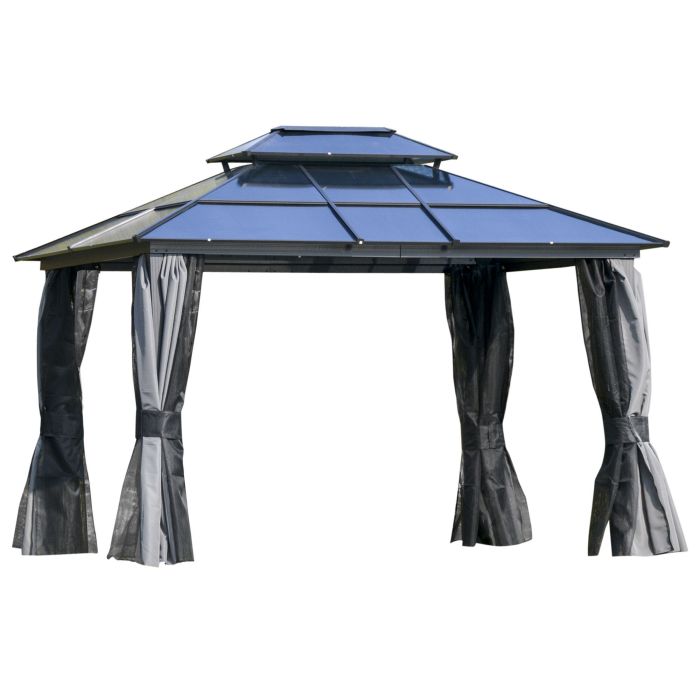 3.6 x 3M Polycarbonate Hardtop Gazebo Canopy with Double-Tier Roof and Aluminium Frame, Garden Pavilion with Mosquito Netting and Curtains