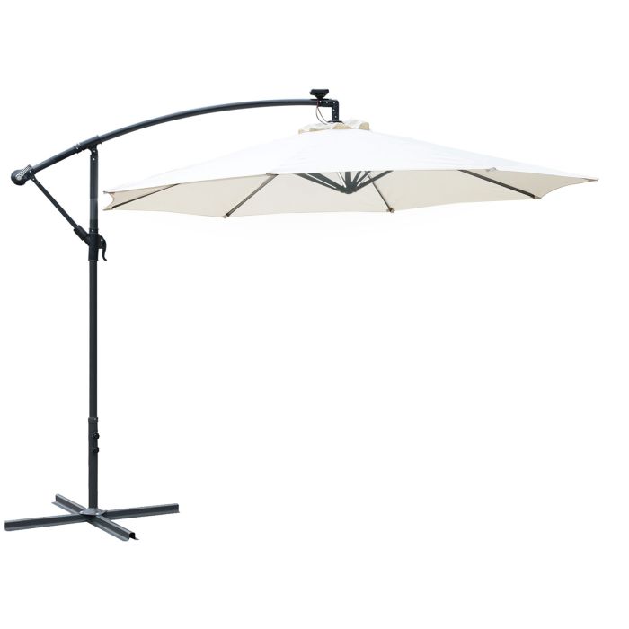 3M LED Cantilever Parasol Banana Garden Umbrella with Solar Lights, Crank Handle and Cross Base, Hanging Sun Shade, Off-White