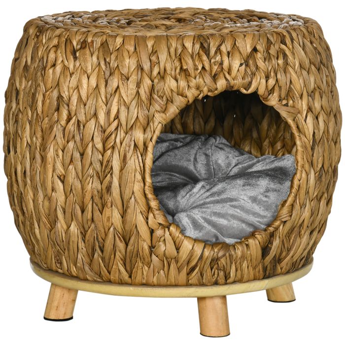 Wicker Cat House Stool for Rest, Rattan Kitten Bed for Outdoor & Indoor Use, Elevated Pet Bed with Soft Washable Cushion 44 x 43 x 41 cm