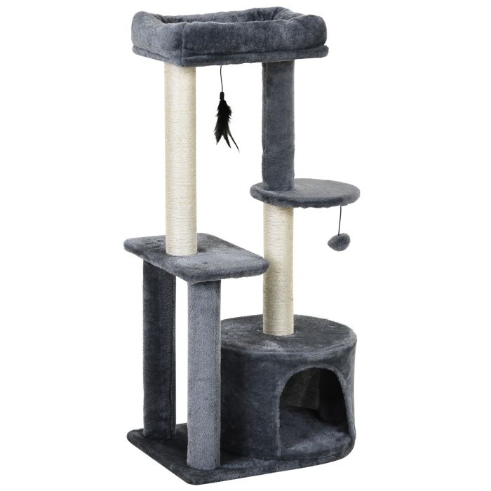 Cat Multi-Activity Tree Tower w/ Perch House Scratching Post Platform Play Ball Plush Covering Play Rest Relax Grey White