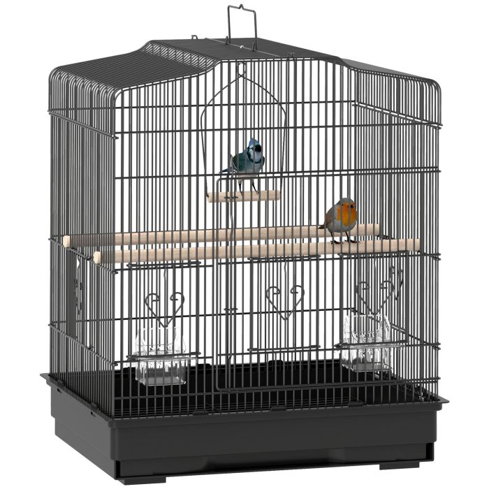 PAWSTER Large Metal Bird Cage with Perches, Food Bowls, Swing for Budgie, Parakeet, 46.5 x 36 x 59cm, Black