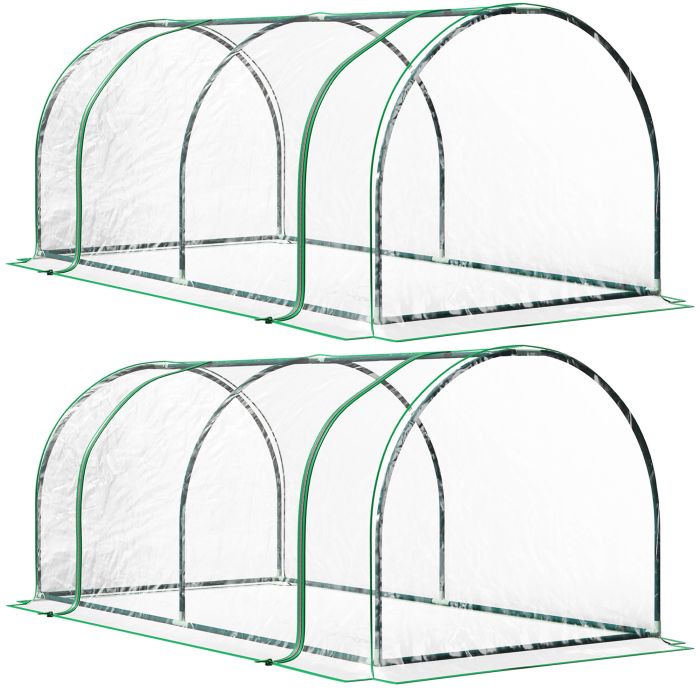 SUNVISTA Set of 2 Tunnel Greenhouse, Green Grow House with Roll-up Door, Steel Frame, Plastic Cover for Garden, Outdoor, 200 x 100 x 80cm, Clear