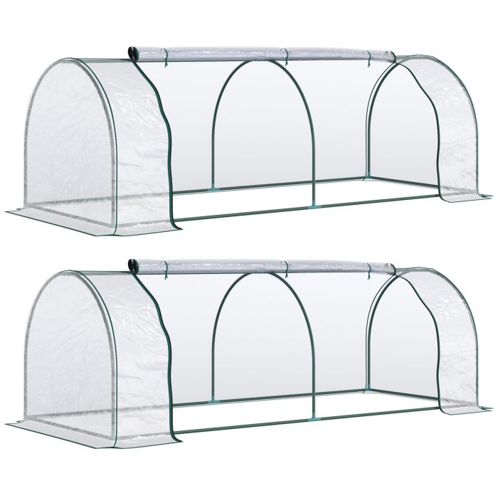 SUNVISTA Set of 2 Tunnel Greenhouse, Green Grow House with Roll-up Door, Steel Frame, Plastic Cover for Garden, Outdoor, 250 x 100 x 80cm, Clear